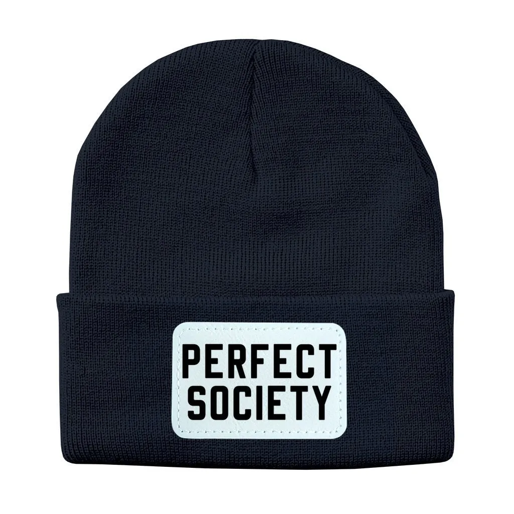Perfect Society Solid Knit Beanie with Rectangle Leather Patch