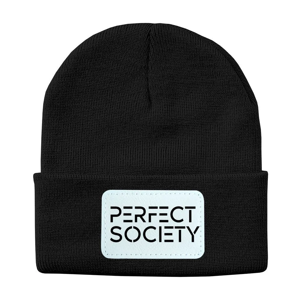 Perfect Society Solid Knit Beanie with Rectangle Leather Patch