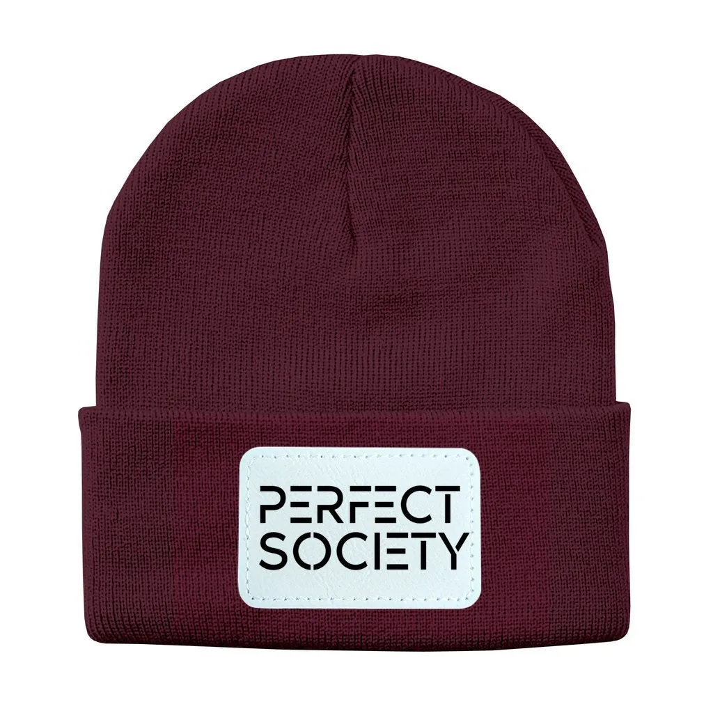 Perfect Society Solid Knit Beanie with Rectangle Leather Patch