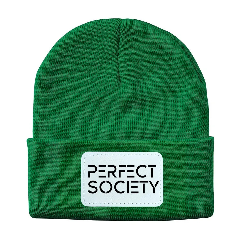 Perfect Society Solid Knit Beanie with Rectangle Leather Patch