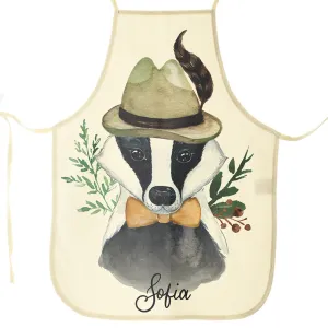 Personalised Canvas Apron with Badger Feather Hat and Name Design