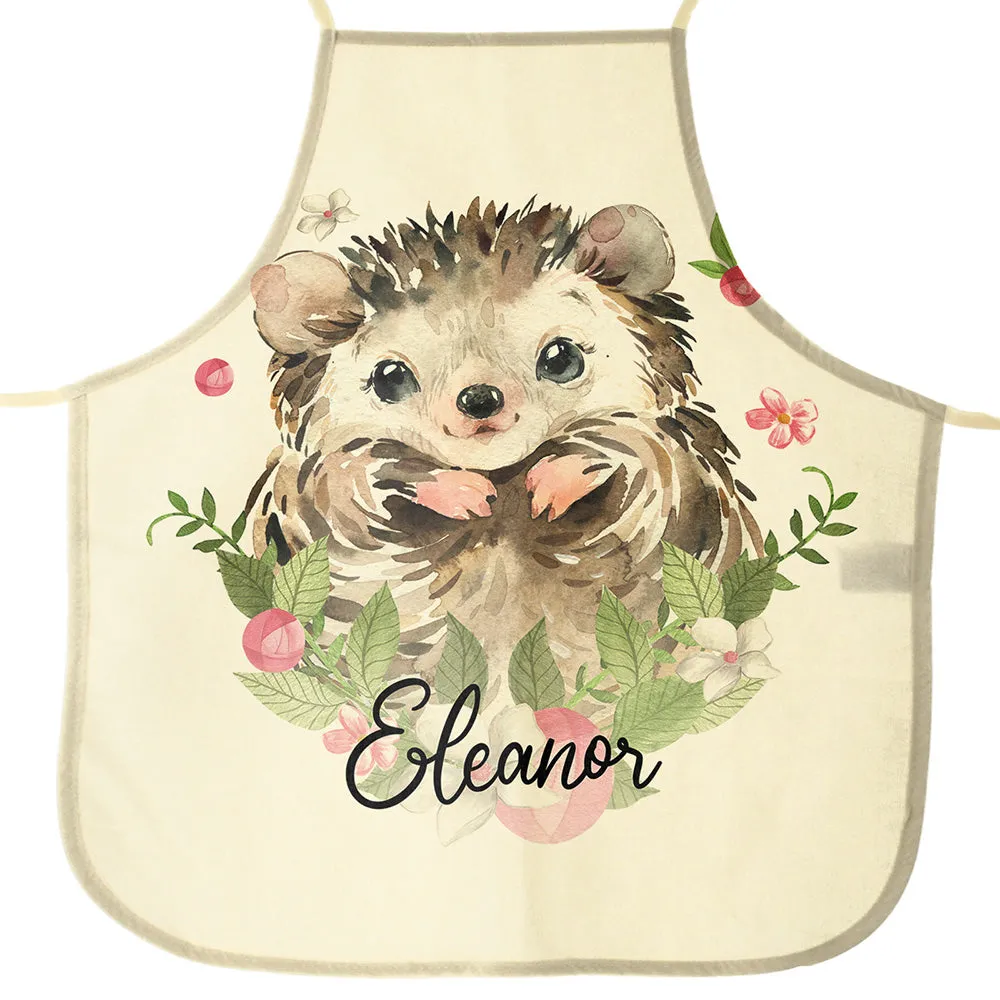 Personalised Canvas Apron with Hedgehog Flowers and Name Design