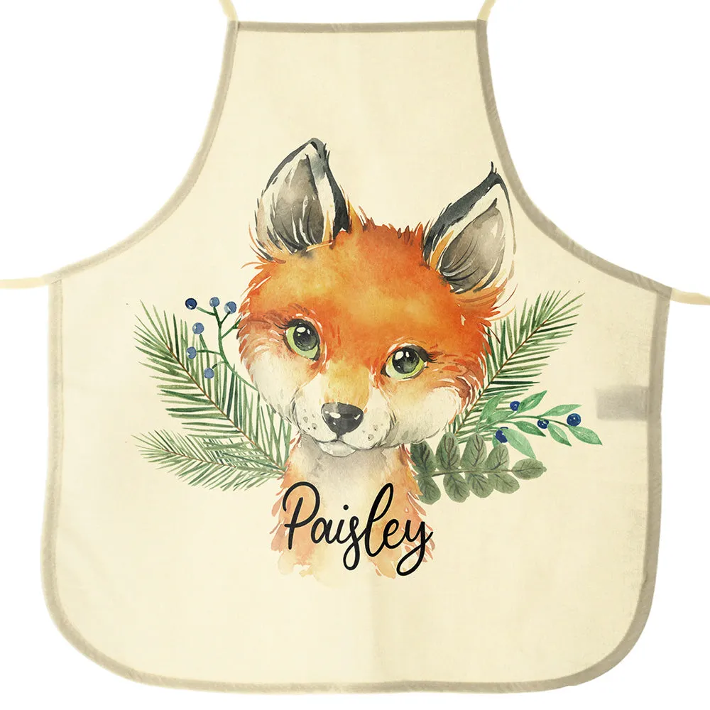 Personalised Canvas Apron with Red Fox Blue Berries and Name Design