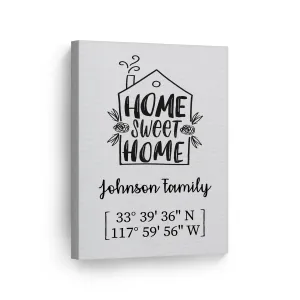 Personalized Gift Wall Art with Family Name and Coordinates Home Sweet Home Design