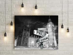 Personalized Street Sign in Europe near Big Ben Black & White Premium Canvas