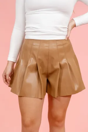 Pleated Faux Leather Shorts, Tan