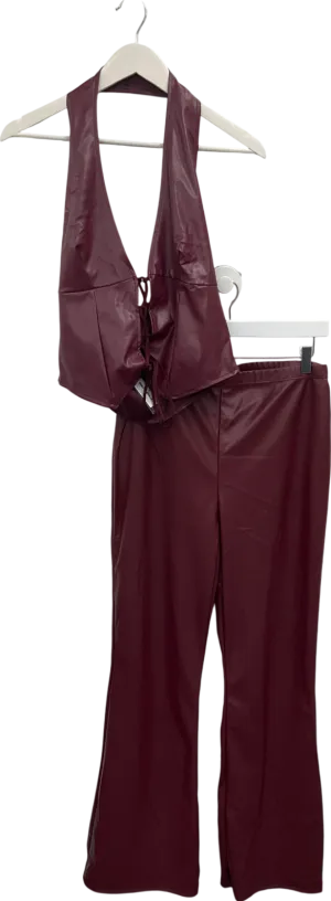 PrettyLittleThing Red Faux Leather Trousers And Open Laced Halter Top UK 14