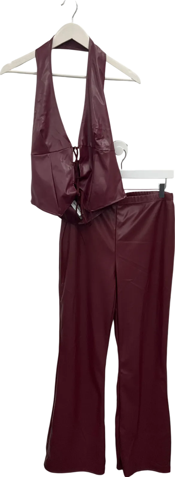 PrettyLittleThing Red Faux Leather Trousers And Open Laced Halter Top UK 14