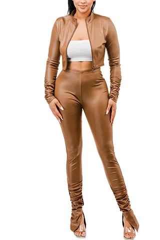 PU LEATHER CROP ZIP UP STACK SET(MMS3001) <Bundle>