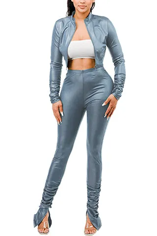 PU LEATHER CROP ZIP UP STACK SET(MMS3001) <Bundle>
