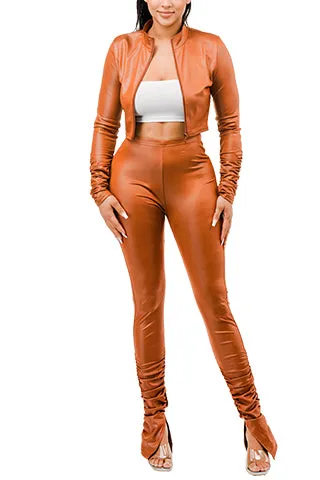 PU LEATHER CROP ZIP UP STACK SET(MMS3001) <Bundle>
