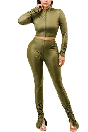 PU LEATHER CROP ZIP UP STACK SET(MMS3001) <Bundle>