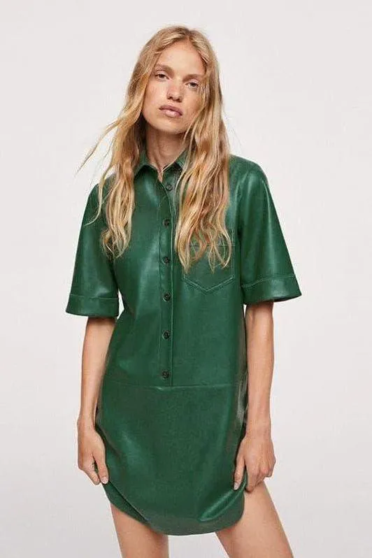 PU leather short-sleeved green mini dress