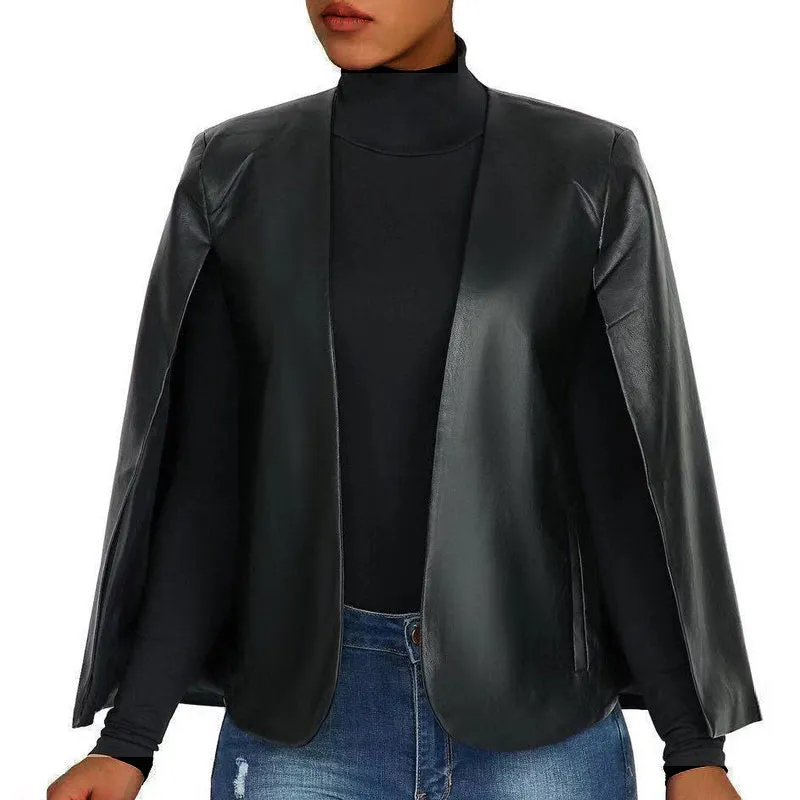 PU Long Slit Sleeve Pocket Design Cloak Coat
