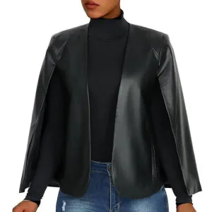PU Long Slit Sleeve Pocket Design Cloak Coat
