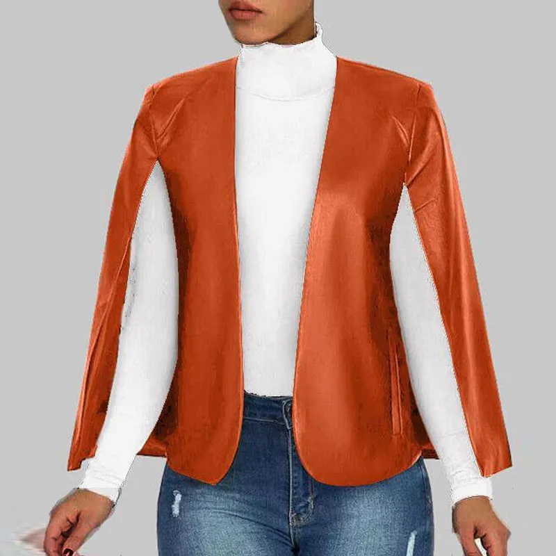 PU Long Slit Sleeve Pocket Design Cloak Coat