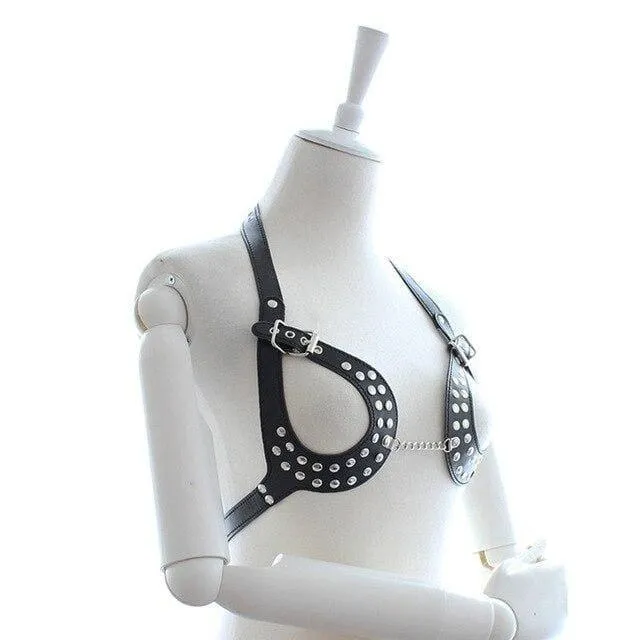 "Dark Passion"  - Fetish Open Breast Body Harness Straps BDSM Erotic Cupless Studded Chains Teasing Sex Slave