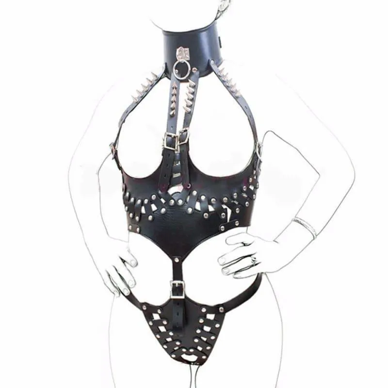"Raven" - Full Body Adjustable PU Leather High-Collared Harness Bare Breast Straps Slave Restraints