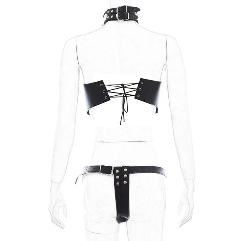 "Raven" - Full Body Adjustable PU Leather High-Collared Harness Bare Breast Straps Slave Restraints