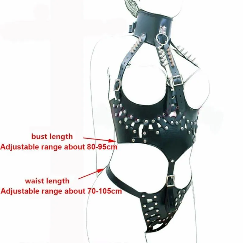 "Raven" - Full Body Adjustable PU Leather High-Collared Harness Bare Breast Straps Slave Restraints