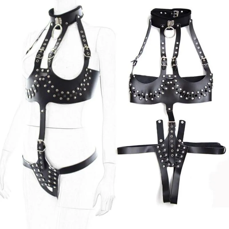 "Raven" - Full Body Adjustable PU Leather High-Collared Harness Bare Breast Straps Slave Restraints