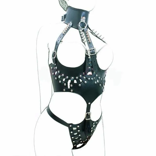 "Raven" - Full Body Adjustable PU Leather High-Collared Harness Bare Breast Straps Slave Restraints