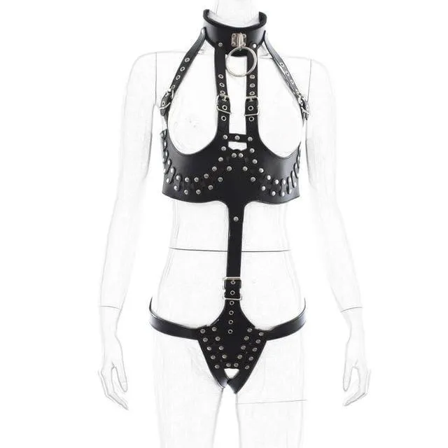 "Raven" - Full Body Adjustable PU Leather High-Collared Harness Bare Breast Straps Slave Restraints