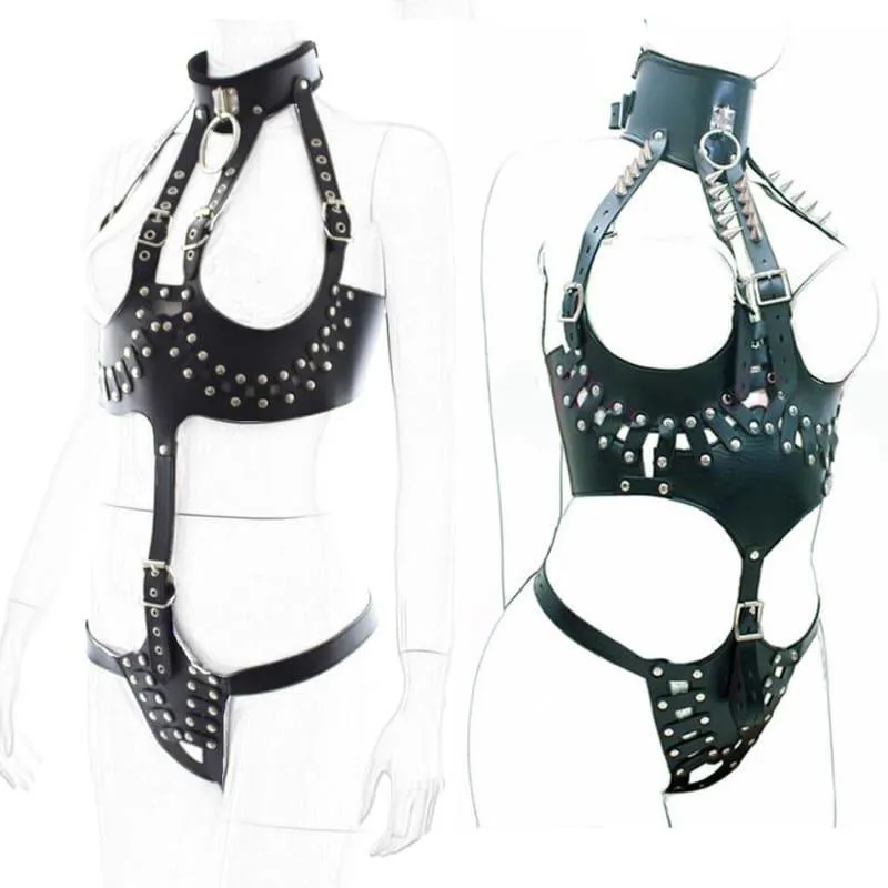 "Raven" - Full Body Adjustable PU Leather High-Collared Harness Bare Breast Straps Slave Restraints
