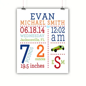 Race Car Baby Birth Stats Nursery Wall Art