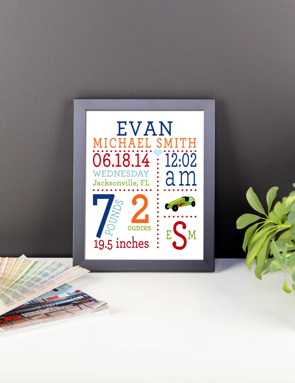 Race Car Baby Birth Stats Nursery Wall Art