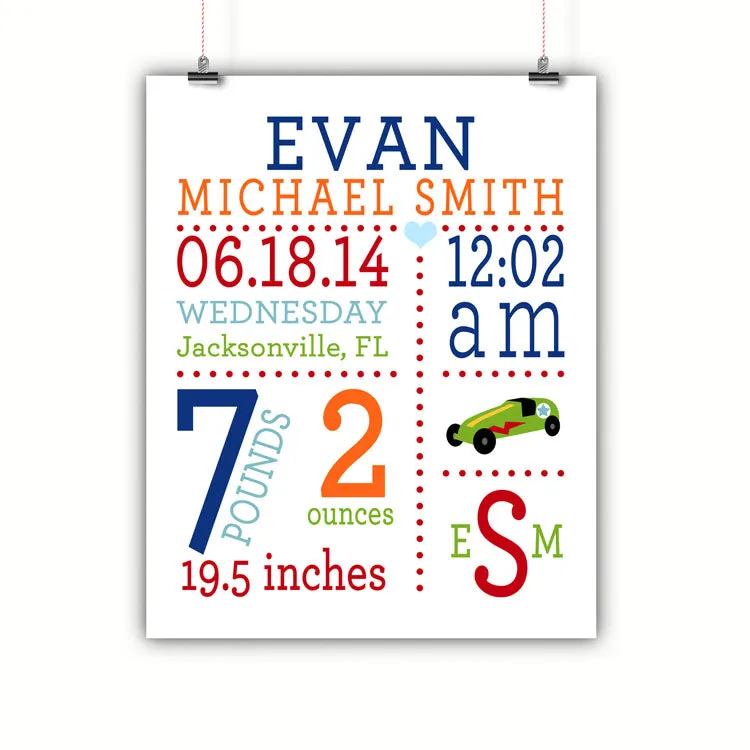 Race Car Baby Birth Stats Nursery Wall Art