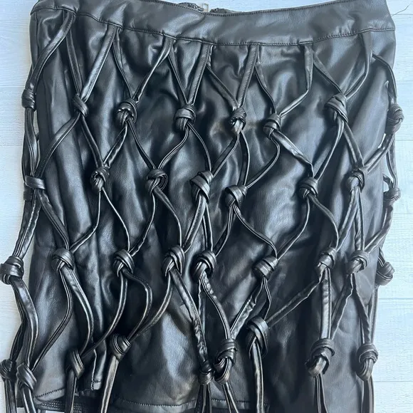 RARE Hot &amp; Delicious Black Faux Leather Net Mini Skirt L