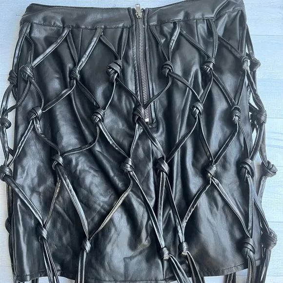 RARE Hot &amp; Delicious Black Faux Leather Net Mini Skirt L