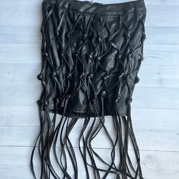 RARE Hot &amp; Delicious Black Faux Leather Net Mini Skirt L