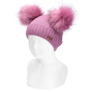Raspberry Faux Fur Double Pom Pom Hat