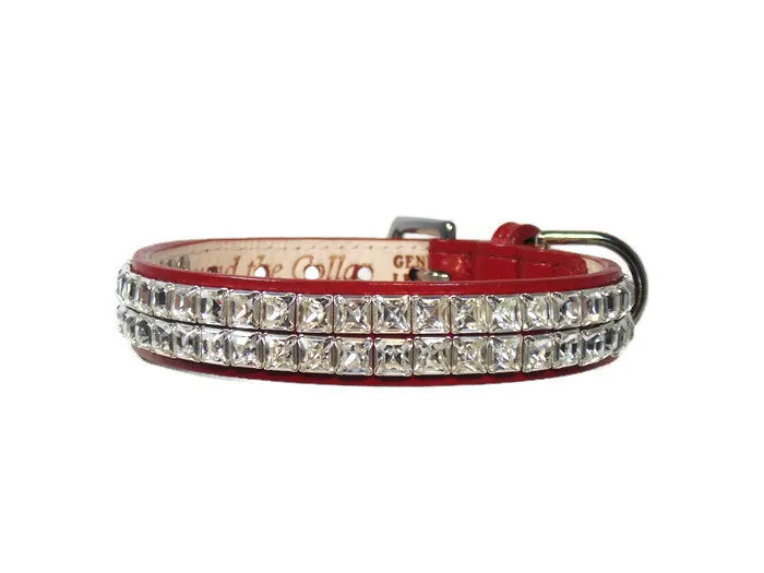 Ryan Leather Collar with Double Row Closely Spaced Square Crystals