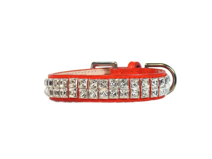 Ryan Leather Collar with Double Row Closely Spaced Square Crystals