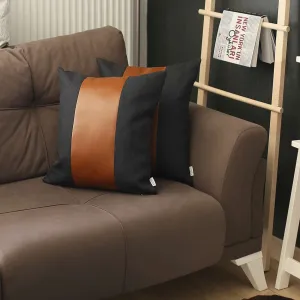 Set of 2 Black and Brown Faux Leather Pillow Covers