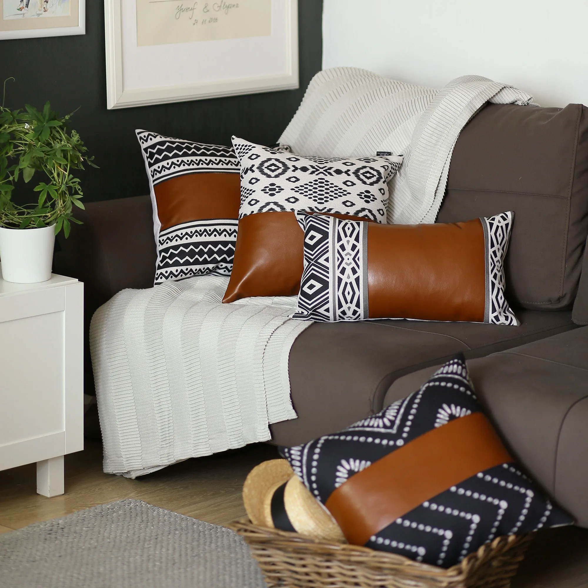 Set of 2 Ikat Styled Patterns and Bright Brown Faux Leather Pillow Covers
