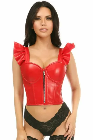 Sexy Red Faux Leather Bustier Top with Ruffle Sleeves