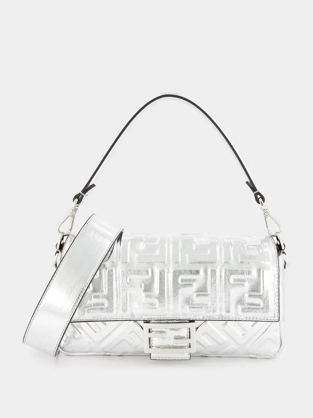 Silver Craquelé Leather Baguette Bag
