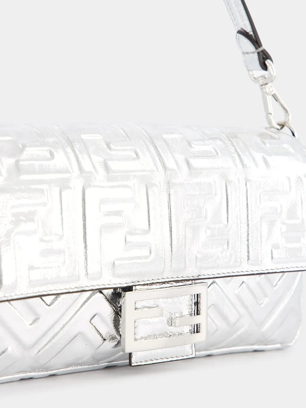 Silver Craquelé Leather Baguette Bag