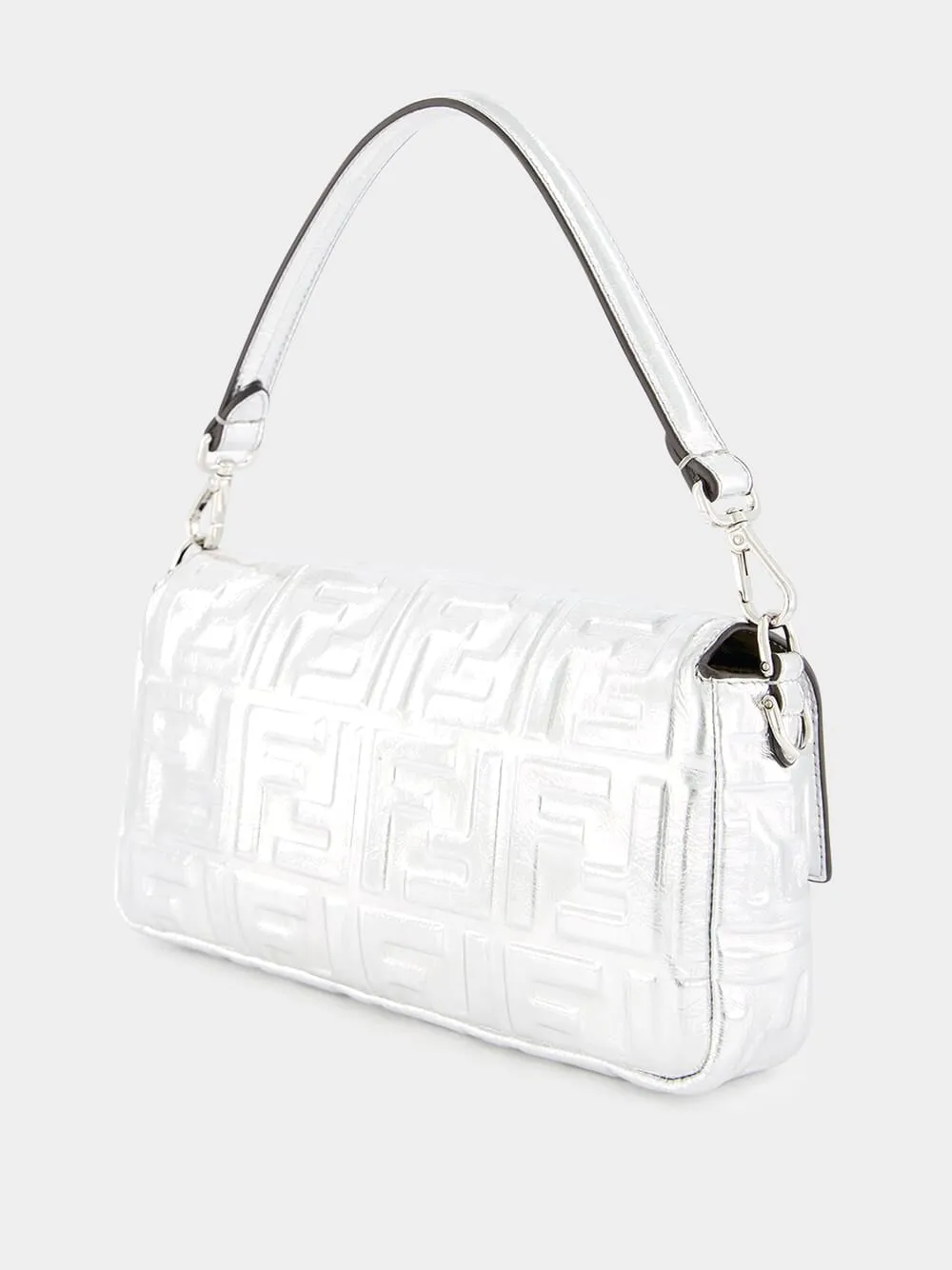 Silver Craquelé Leather Baguette Bag