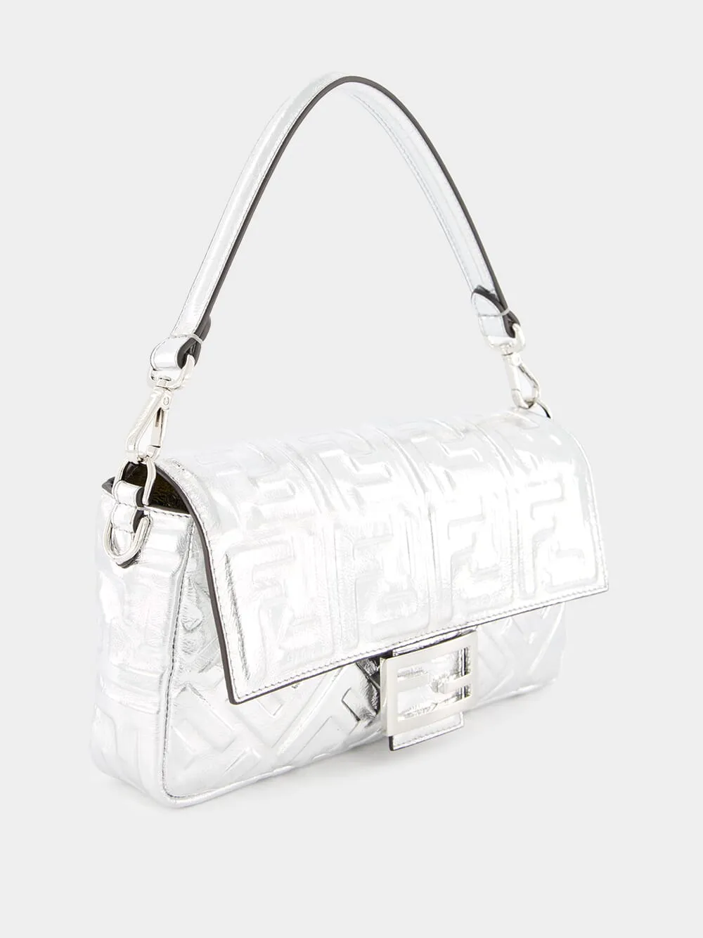Silver Craquelé Leather Baguette Bag