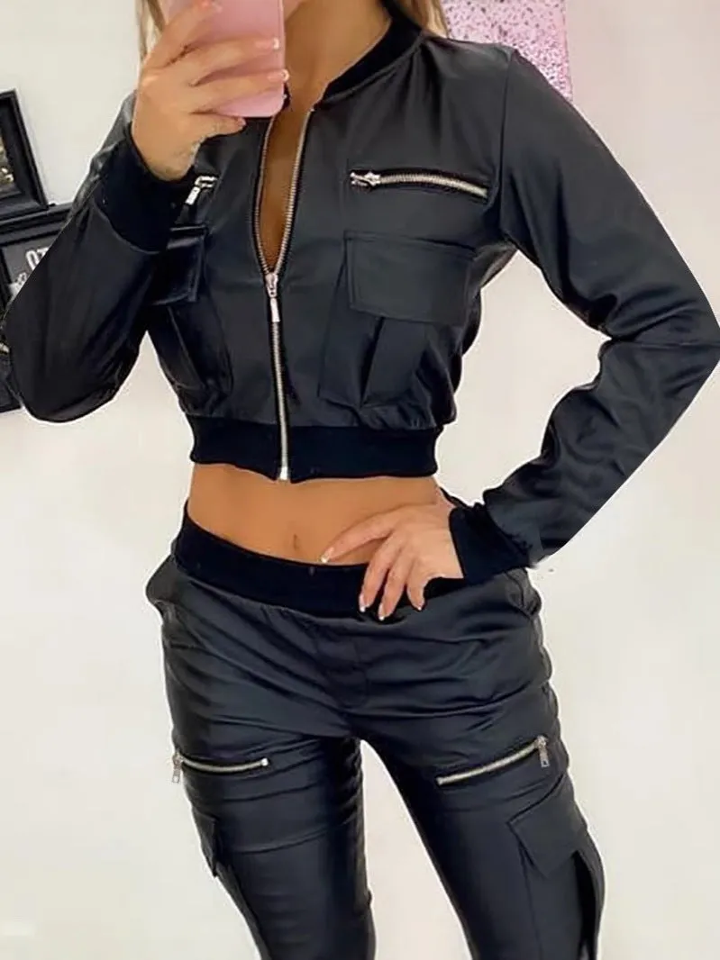 Sleek PU Leather Zipper Pocket Cropped Baseball Jacket