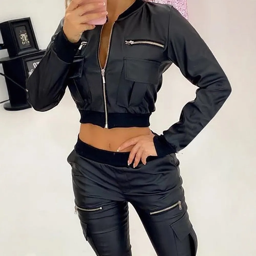Sleek PU Leather Zipper Pocket Cropped Baseball Jacket