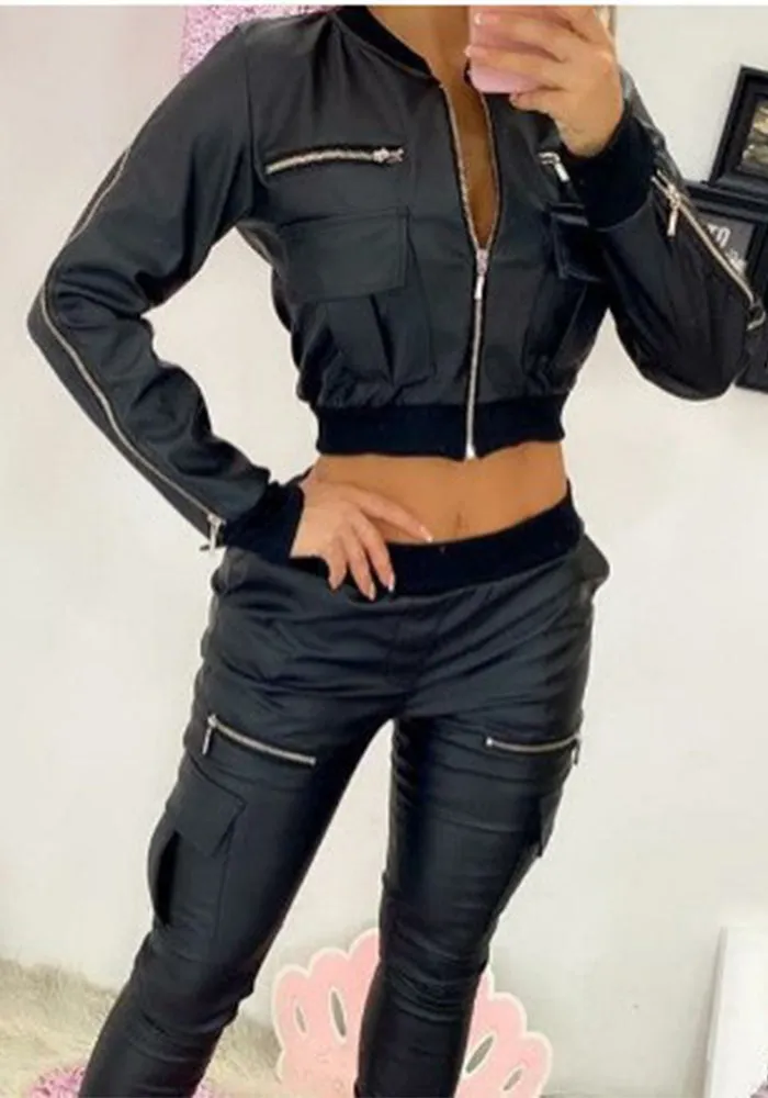 Sleek PU Leather Zipper Pocket Cropped Baseball Jacket