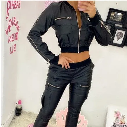 Sleek PU Leather Zipper Pocket Cropped Baseball Jacket