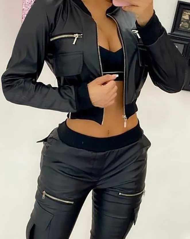 Sleek PU Leather Zipper Pocket Cropped Baseball Jacket