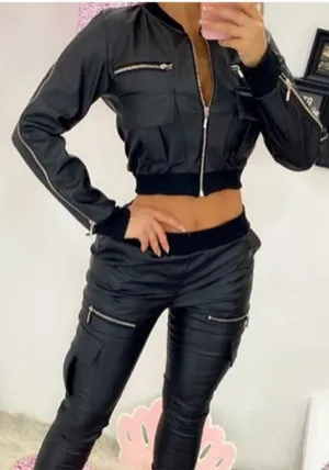 Sleek PU Leather Zipper Pocket Cropped Baseball Jacket